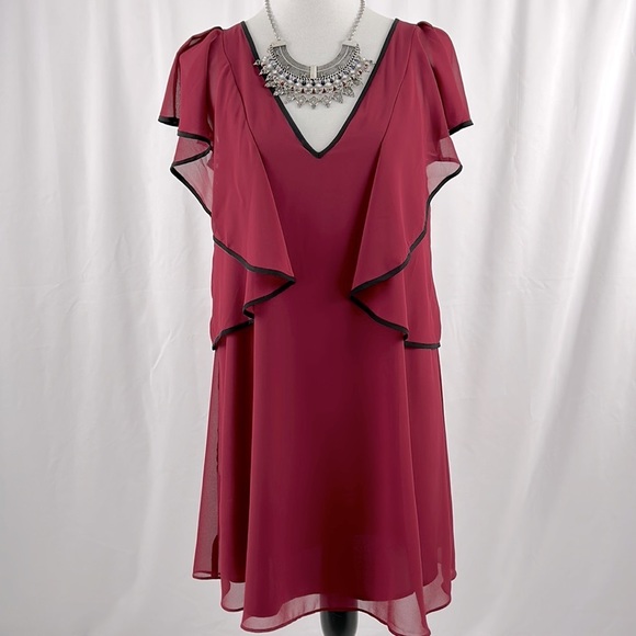BCBGeneration Turned Extended Ruffle sleeve mini dress Garnet with black trim S - Picture 2 of 9